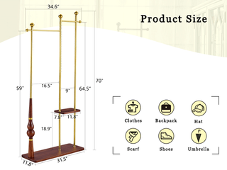 Sunvega Industrial Coat Rack with Solid Wood Shelves and Stainless Steel Frame for Coats Hats Bags Shoes