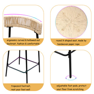 Sunvega Hand Woven Paper Rope Bar Stools with Backrest and Footrest for Kitchen Island