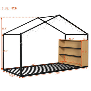 Sunvega Twin Size Black Metal House Bed Frame with Shelves and LED Lights