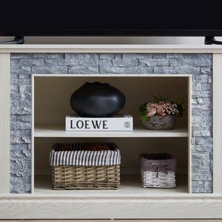 Sunvega 70.12" White Faux Stacked Stone Media Console with Large Storage Cabinet