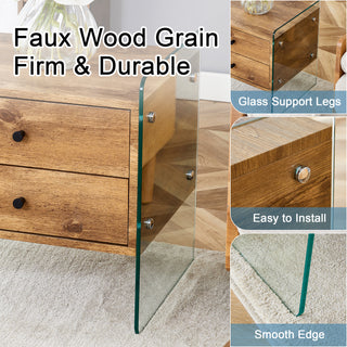 Sunvega MDF and Tempered Glass Double-Drawer Bedside Table with Storage Cabinet