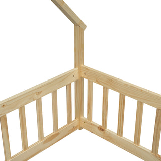 Sunvega Twin Wood House Floor Bed with Guardrail Fence in Grey
