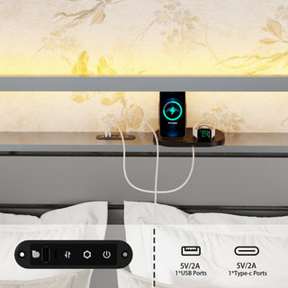 Sunvega Queen Size Metal Bed Frame with LED Light and Charging Station Headboard