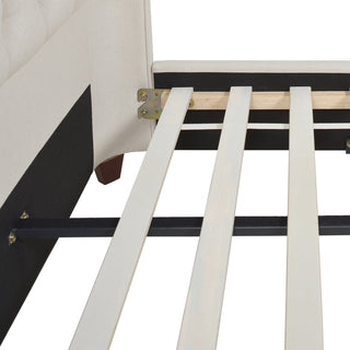 Sunvega Manhattan Shelter King Platform Bed Frame with Wingback Headboard in Light Beige Linen