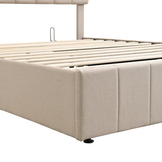 Sunvega Upholstered Platform Bed with Hydraulic Storage System in White Linen