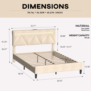 Sunvega Full Bed Frame with Headboard Upholstered Platform Charging Station LED Lights