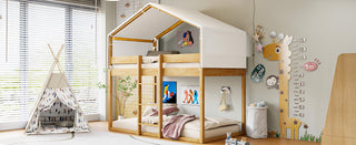 Sunvega Twin Over Twin Wood Bunk Bed with Playhouse Tent for Kids Room