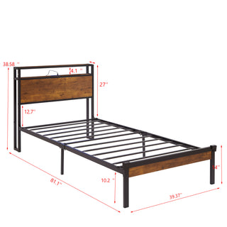 Sunvega Modern Twin Size Metal Platform Bed Frame with Wooden Headboard and USB LINER