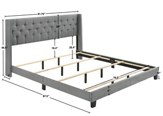 Sunvega Gray Polyester Fabric Wingback Bed with Button-tufted Details and Nailhead Trim
