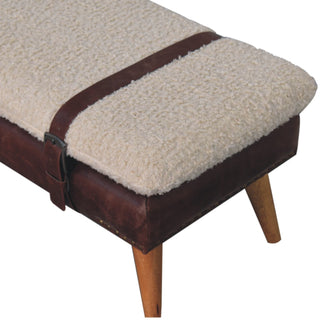 Sunvega Boucle and Mahogany Leather Bench with Belted Strap Design for Entryways