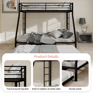 Sunvega High-Stability Square Tube Bunk Bed with Ladder & Rolling Trundle for Home Dormitory