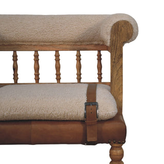 Sunvega Handcrafted Solid Mango Wood Bench with Boucle and Leather Upholstery