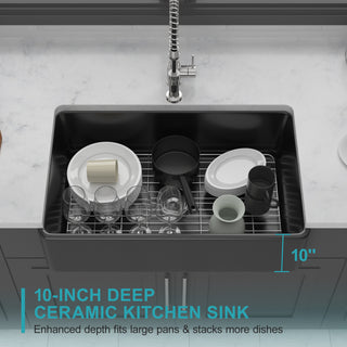 Sunvega 33 Inch White Porcelain Ceramic Farmhouse Kitchen Sink Workstation with Reversible Apron