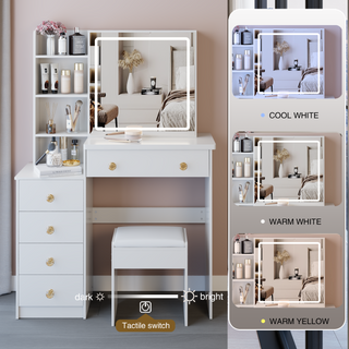 Sunvega 37 Inch Left Bedside Vanity Table with Cushioned Stool and Sliding LED Mirror