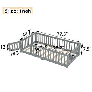 Sunvega Twin Size Floor Bed with Safety Guardrails and Door for Kids in Natural