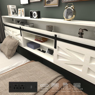 Sunvega Twin Daybed with Trundle Farmhouse Frame Sliding Barn Door Headboard Charging Station
