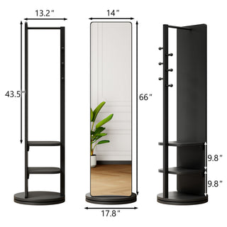 Sunvega 360° Rotating Full Length Mirror with Solid Wood Hook Storage Rack for Bedroom