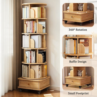 Sunvega 360° Rotating Bookshelf with Wheels and Drawer for Space-Saving Storage