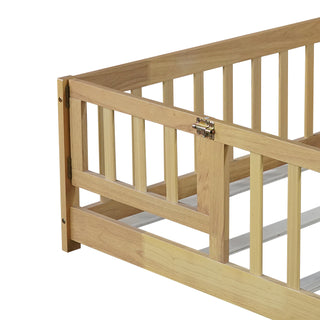 Sunvega Natural Rubber Wood Twin Size Floor Bed with Safety Guardrails and Door