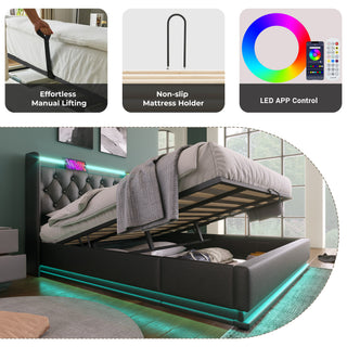 Sunvega Full Size Upholstered Bed with 360 LED Lighting Hydraulic Storage and USB Charging