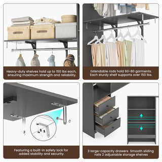Sunvega High Capacity Wardrobe Rack with 3 Drawers, Shelves & Expandable Hanger Rods