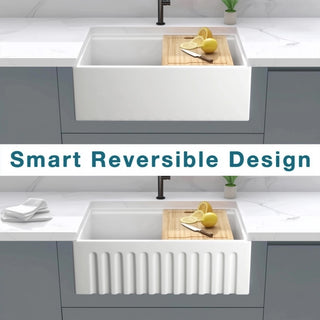 Sunvega 30 Inch White Fireclay Farmhouse Kitchen Sink with Reversible Workstation Design