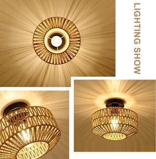 Sunvega Boho Ceiling Light Fixture with Hand Woven Rattan Cage and Dimmable LED Bulb