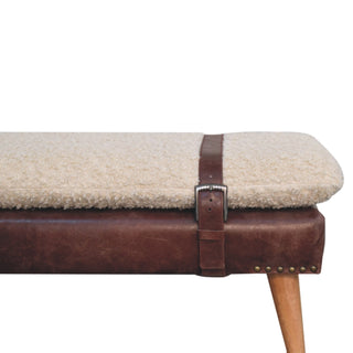 Sunvega Boucle and Mahogany Leather Bench with Belted Strap Design for Entryways