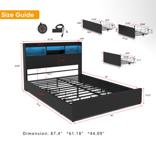Sunvega Queen Storage Bed Frame with Headboard Charging Station and 4 Drawers