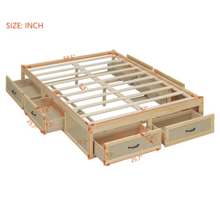 Sunvega Antique Natural Queen Size Platform Bed with 6 Spacious Storage Drawers