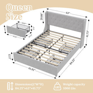 Sunvega Dark Grey Full Size Bed Frame with 4 Storage Drawers and Wingback Headboard