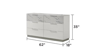 Sunvega White Lacquer Dresser with Six Smooth-Glide Drawers and Marble Accents