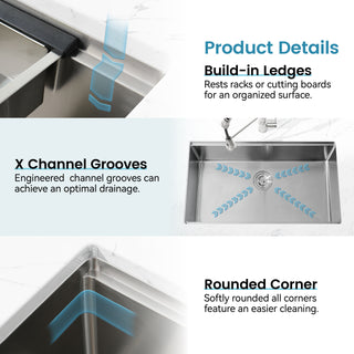 Sunvega Handcrafted 33x19 Inch Undermount Single Bowl Kitchen Sink Dark Gray