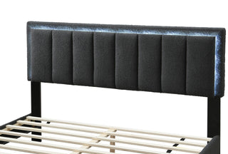 Sunvega Queen Size Bed with Channel Tufted Wool Upholstered Headboard and LED Lights