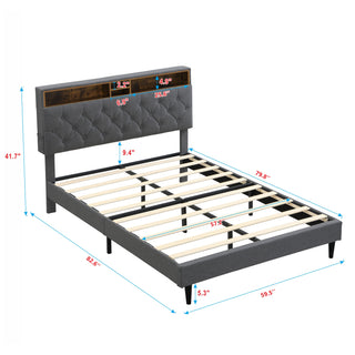 Sunvega Queen Size Upholstered Platform Bed Frame with USB Ports and Storage Headboard