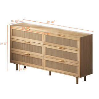Sunvega 6 Drawer Rattan Dresser with Metal Handle and Wood Legs for Bedroom Storage