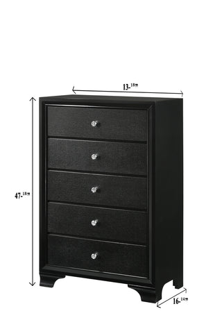Sunvega Modern Glam Style Black Finish Five Drawer Chest Nightstand with Faux Crystal Pulls