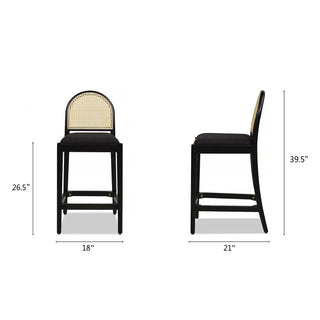 Sunvega Natural Oak and Cane Rattan Counter Stools with Black Boucle Upholstery