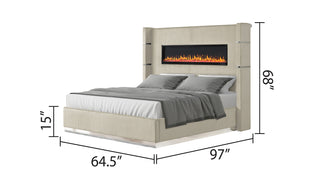 Sunvega Queen Size Upholstered Bed with Electric Fireplace and Bluetooth Speakers in Gray Velvet
