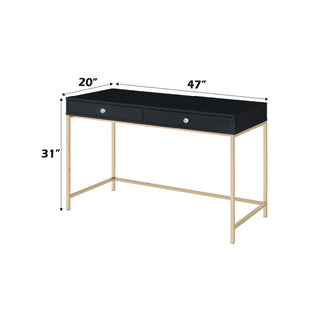 Sunvega White High Gloss Gold Finish Contemporary Vanity Desk with 2 Storage Drawers