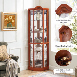 Sunvega Antique Glass Corner Curio Cabinet with Adjustable Shelves and Built-in Light