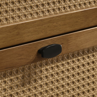 Sunvega Warm Light Walnut Finish Wood Dresser with Rattan Accents and Mirror