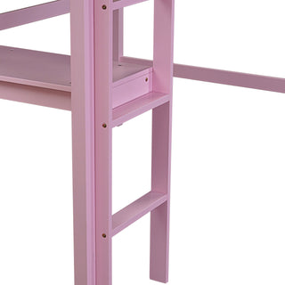 Sunvega Pink Rubber Wood Twin High Loft Bed with Safety Guardrail and Built-in Desk