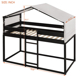 Sunvega Twin Over Twin Wood Bunk Bed with Playhouse Tent for Kids Room