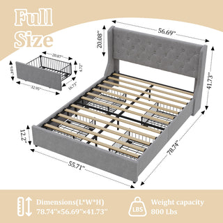 Sunvega Dark Grey Full Size Bed Frame with 4 Storage Drawers and Wingback Headboard