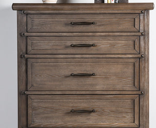 Sunvega Transitional Brown Oak Veneer Panel Headboard 5-Drawer Chest with Ball Bearing Glides