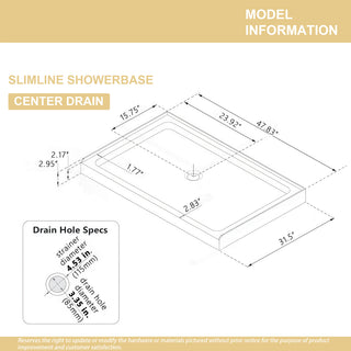Sunvega 32 x 48 Inch White Shower Base Pan with Center Drain