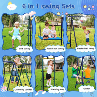 Sunvega 6 in 1 Kids Swing Set With Climbing Ladder Net Glider Hammock