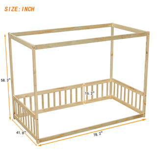 Sunvega Twin Size Canopy Frame Floor Bed with Guardrails and Natural Wood