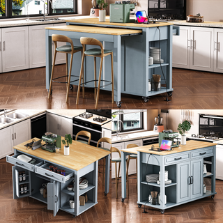 Sunvega Extendable Kitchen Island with Dining Table Internal Storage and Power Outlet